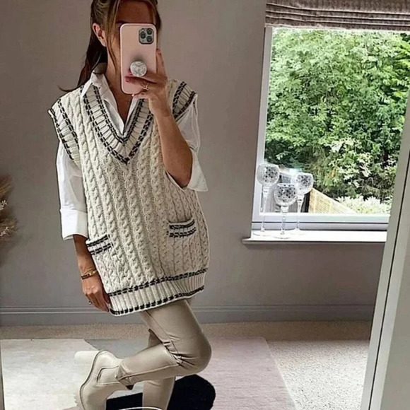 Zara Cable Knit Whip Stitch Sweater Vest Ecru Black Size Small - Picture 3 of 12